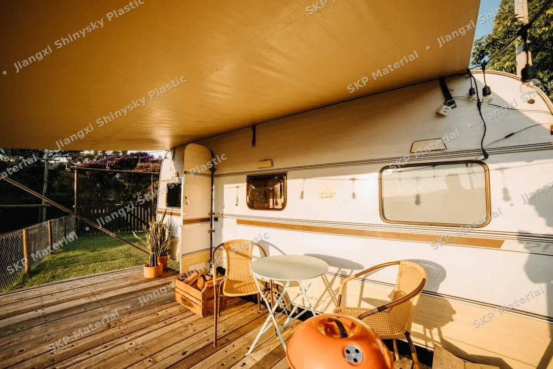 RV awning fabric replacement material with stripe pattern