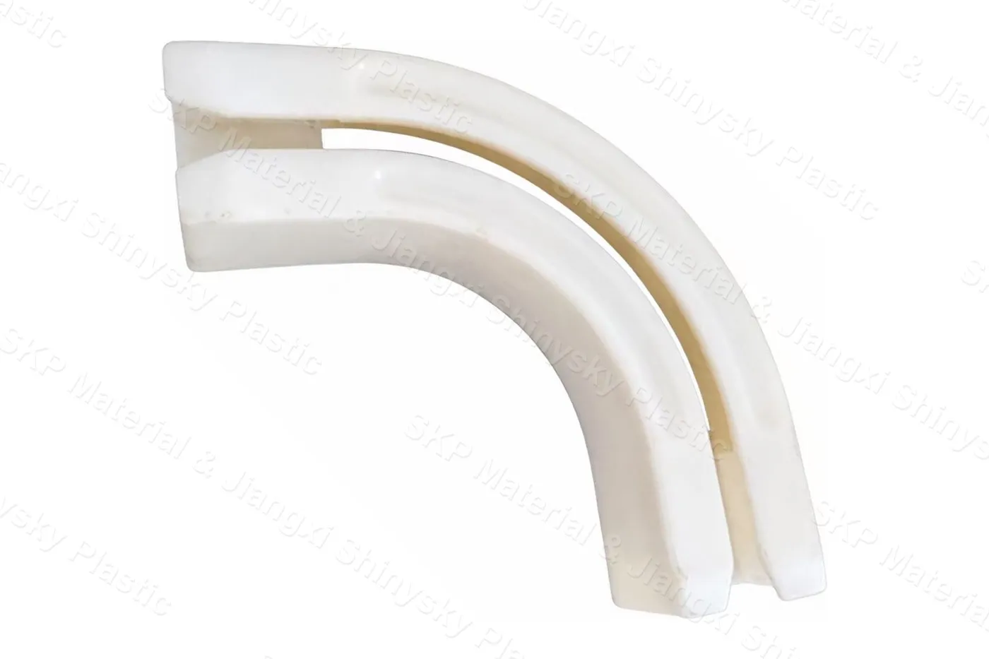 White 90-degree curved curtain track bend showing the carrier channel running through the turn